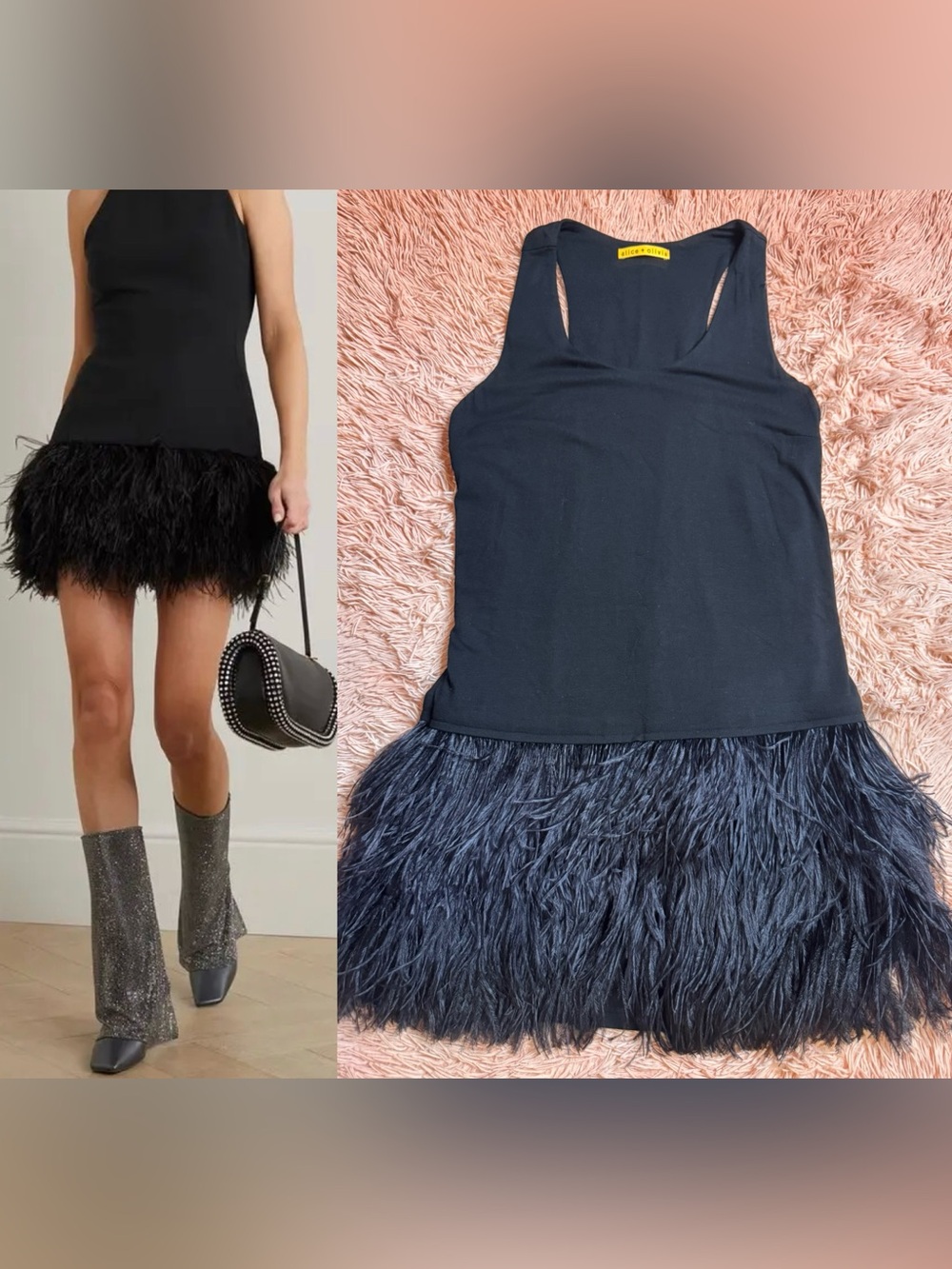 NWOT Alice + Olivia Feather Trim Sleeveless Mini Dress. Size S - Picture 1 of 10